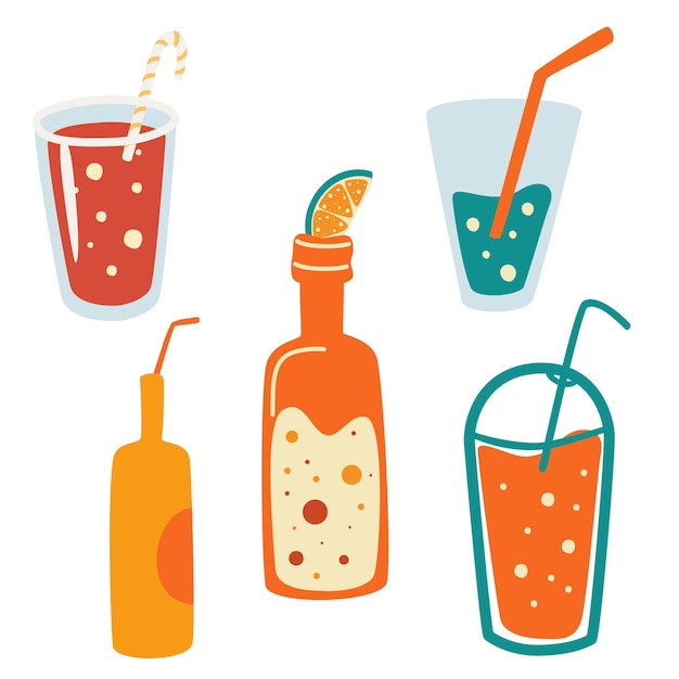 Vector set van zomer drankjes. vector set frisdranken in blikjes. zomervakantie en strandfeest. trendy illustratie. vector cartoon alle elementen zijn geïsoleerd