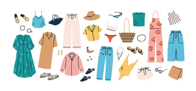 Set van zomer mode kleding vector plat illustratie collectie van trendy kleding voor de vakantie