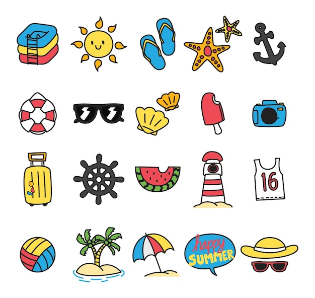 Vector set van zomer pictogram in doodle stijl