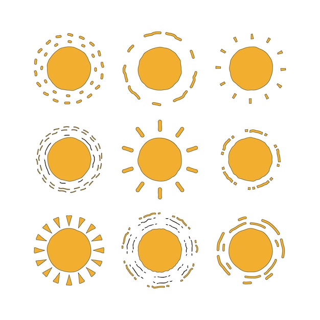 Set van zon cartoon handgetekende stijl