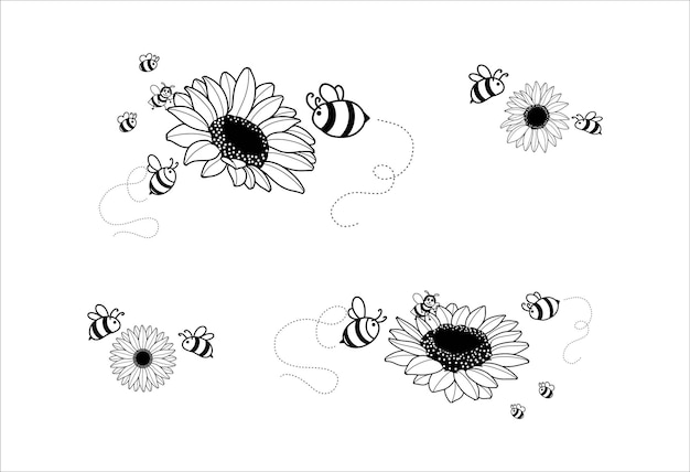 Set van zonnebloem met Fly Bee zwart-wit geïsoleerd op een witte achtergrond Illustraties