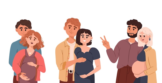 Set van zwangere vrouw en man wachten baby moederschap en moederschap concept gelukkige paren cartoon ouders familie liefde mooie vrouw geboorte verwacht vader en moeder vectorillustratie