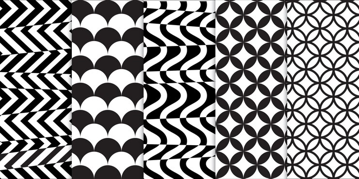Set van zwart-wit geometrische vormen en spiraal of golf optische illusie naadloze patroon