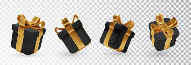 Set van zwarte geschenkdozen met gouden bogen geïsoleerd 3d render vakantie verrassing doos Vector vakantie decoraties objecten