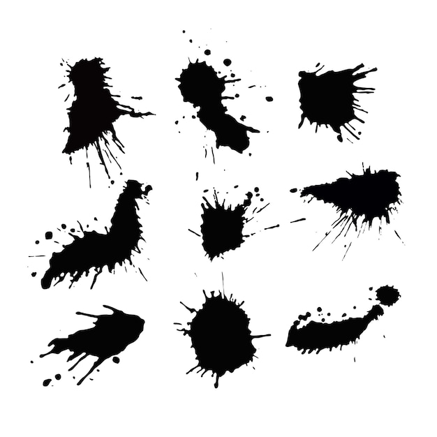 Set van zwarte inkt spatten en druppels Verschillende hand getrokken spray ontwerpelementen Borsten en patronen Geïsoleerde vectorillustratie