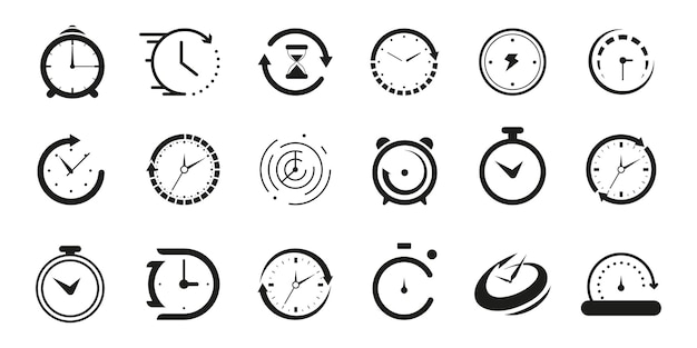 Set van zwarte klok stopwatch timer horloge icoon Zwarte klok icoon collectie