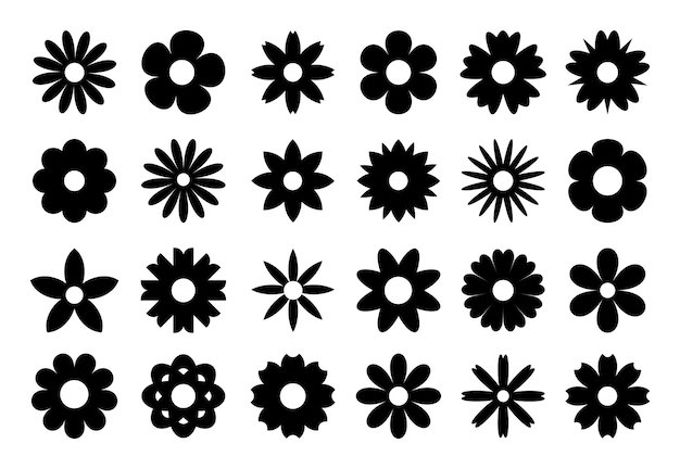 set van zwarte madeliefjes uit geometrische figuren verzameling van abstracte silhouetten van bloemen