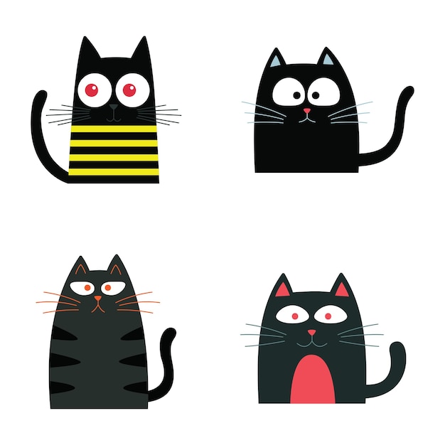 Set van zwarte schattige stoute kat dieren cartoon personage met humor nieuwsgierig lui gezicht