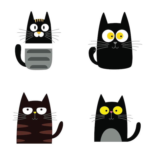 Set van zwarte schattige stoute kat dieren cartoon personage met humor nieuwsgierig lui gezicht