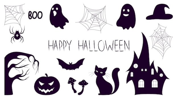 set van zwarte silhouetten van halloween-illustraties