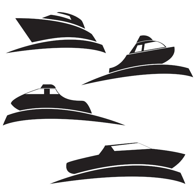 Set van zwarte silhouetten van motorboten op het water