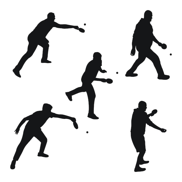 Vector set van zwarte silhouetten van tennisspelers met racket en bal geïsoleerde vector