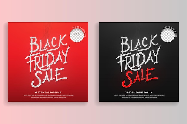 Set van zwarte vrijdag verkoop neon belettering 3D realistisch op rode en zwarte achtergrond vectorillustratie