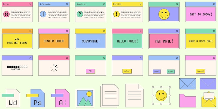 Vector set of vaporwave sticker cool y2k style digital screen