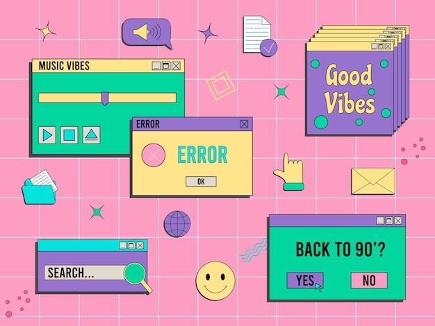 Vector set of vaporwave ui and ux elements pc retro game frame nostalgic style 70s 80s 90s