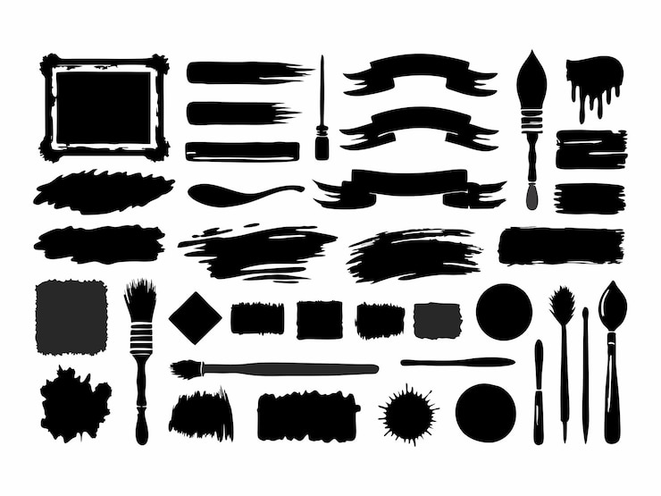 Vector set of variation black ink splashes paint brush strokes