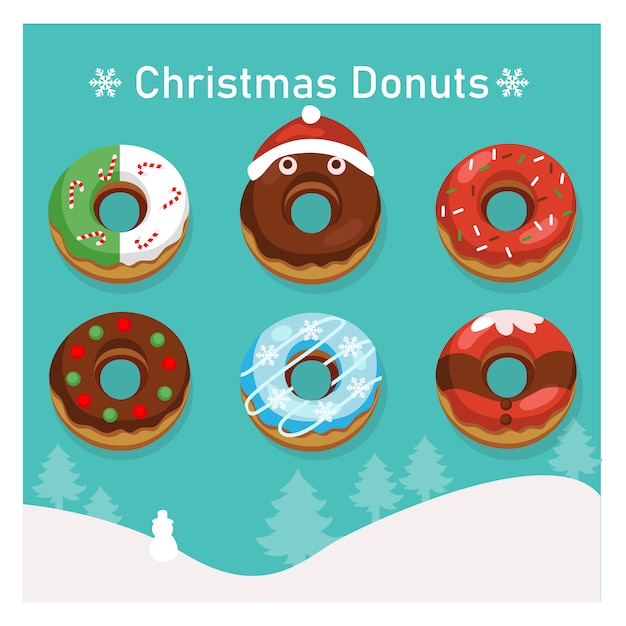 Set of variety colorful donuts in Christmas theme.