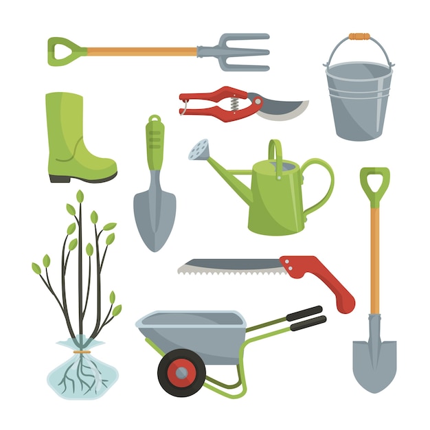 Vector set of various agricultural tools for garden care