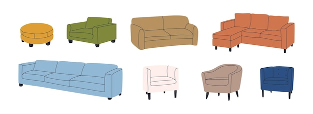 Set di varie poltrone e divani mobili imbottiti per il riposo relax design degli interni della camera