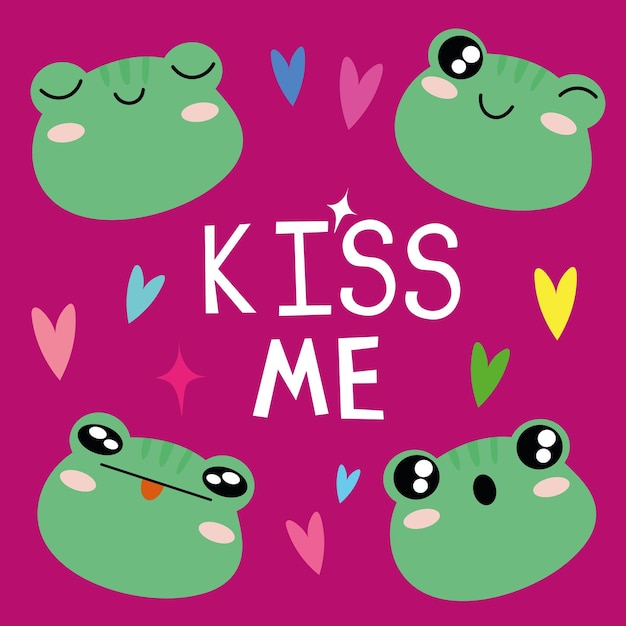 Set of various avatars of frog facial expressions Text Kiss me vector illustration Simple design of happy smiling animal cartoon face emoticon Graphics and colorful backgrounds EPS