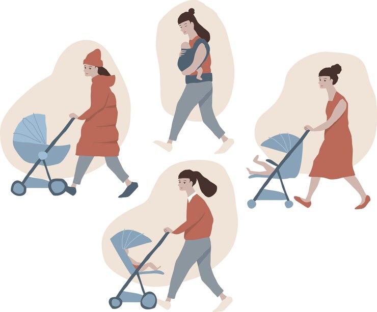 Vector set of various baby strollers baby carrier newborn bassinet light travel pushchairs baby carriage set mother character pushing various baby strollers