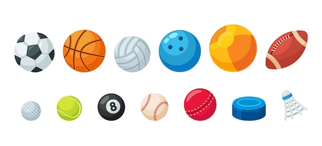 Set di varie palline per giochi sportivi, calcio, basket, pallavolo e rugby, golf, biliardo, tennis o baseball, softball