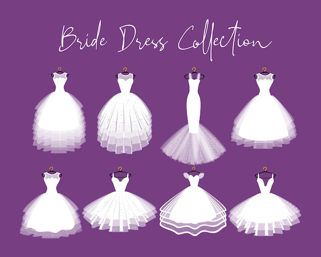 Vector set of various beautiful bride dress on hanger fashion illustration