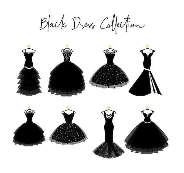 Vector set of various black dress on hanger fashion illustration