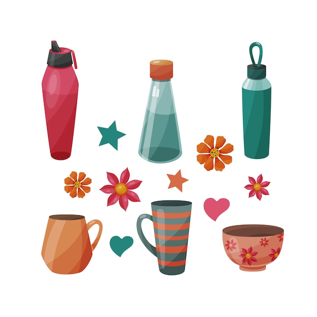 Vector set of various bottles and cups