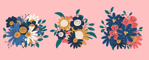 A set of various bouquets of flowers in the style of hand drawing