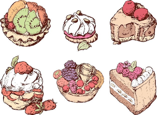 Vector set of various cakes with fruit