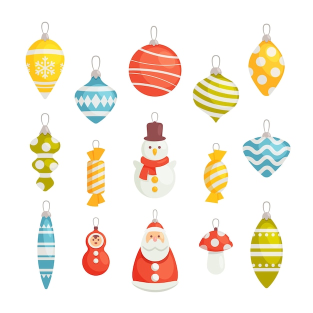 set of various christmas tree decoration, isolated xmas baubles and toys glass santa claus, snowman, candy and icicles