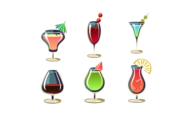 Set of various cocktails in glasses Tasty alcoholic drinks with umbrellas and fruits Refreshing summer beverages Elements for menu or party poster Cartoon vector icons isolated on white background
