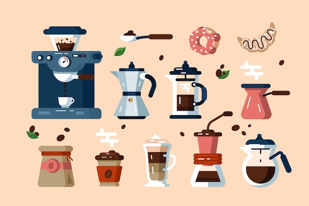 コーヒーマシンのセットベクトルイラスト熱い飲み物を調理するためのアタッチメントとデバイスフラットスタイルのデザイン陽気な朝のコンセプト 淡いベージュに隔離されています