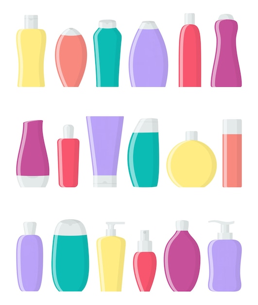 Set of various color flat cosmetic bottles Cream shampoo gel spray tube and soap Skin and body care