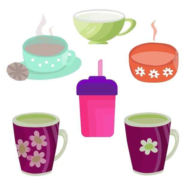 Vector set of various colored dishes for hot and cold drinks in vector