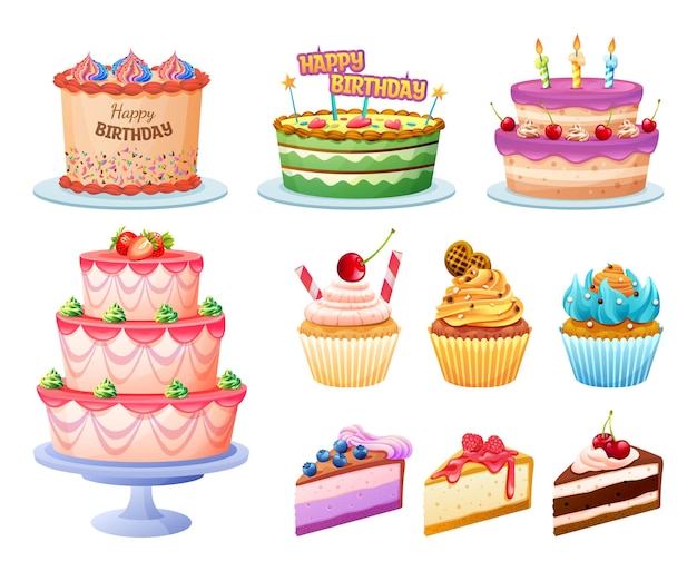 Set of various colorful delicious cakes illustration