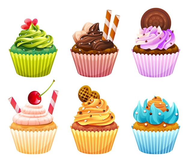 Set of various colorful sweet cupcakes cartoon illustration