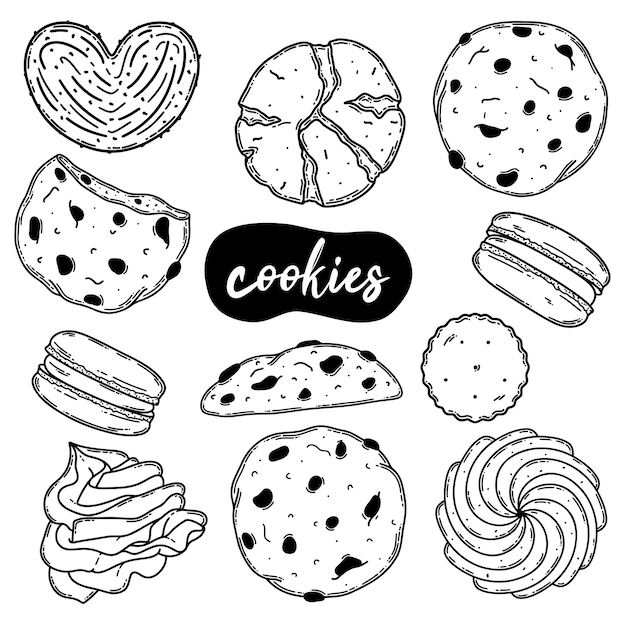 Vector set of various crackers snacks chocolate chip cookies illustration draft silhouette drawing chocolate oatmeal black on white line art