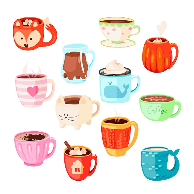 Vector set of various cups with drinks, tea or coffee. cocoa with marshmallows, winter warming drinks and hot espresso cup. hot chocolate in home cute mugs or winter cappuccino and latte cups.