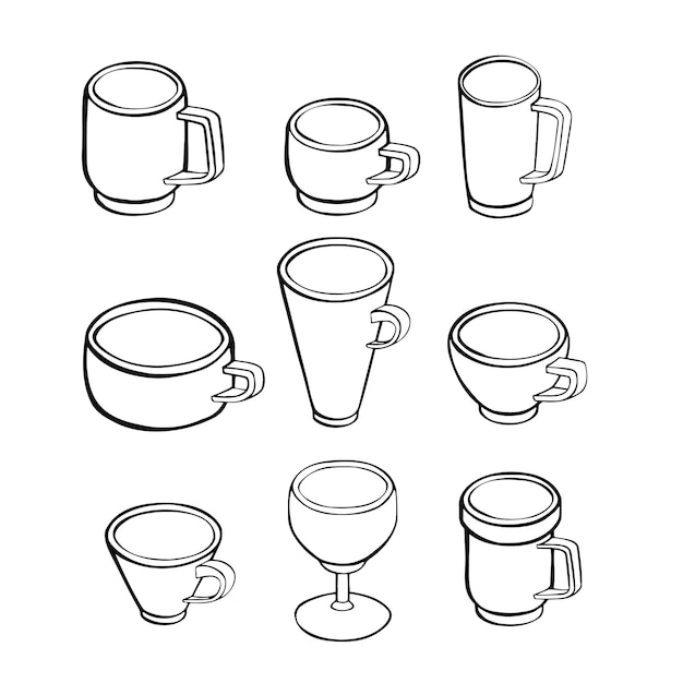 Vector set of various cups with tea or coffee side view hand drawn vector