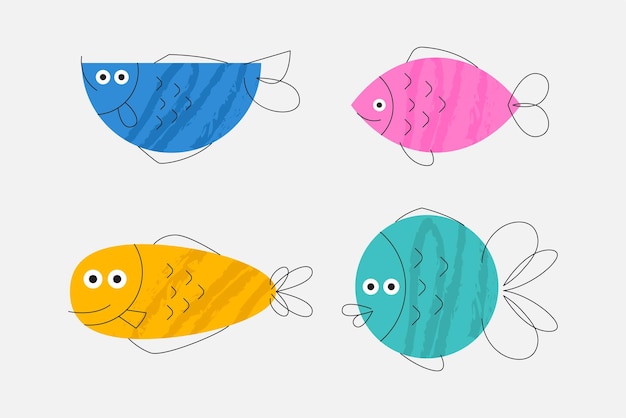 Set of various cute fish illustrations in modern colorful flat doodle style