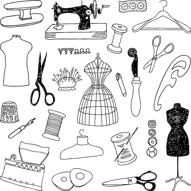 Set of various drawings of theme sewing