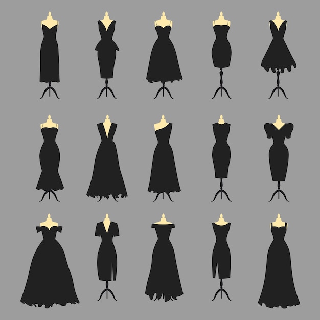 Vector set of various dresses fashion style clothing dresses on miniken