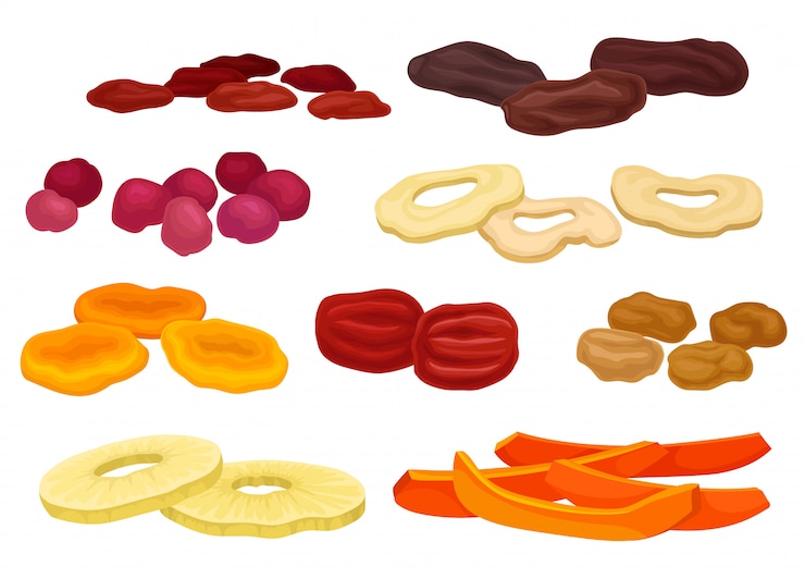 Vector set of various dried fruits. raisins, dates, pumpkin, pineapple, figs. vector illustration