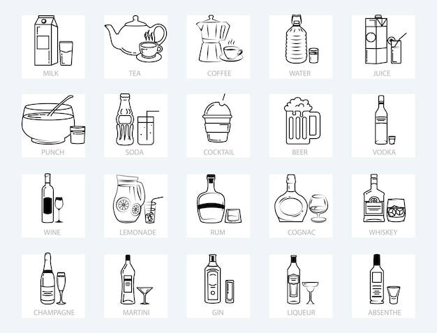 Set of various drinks in doodle style.