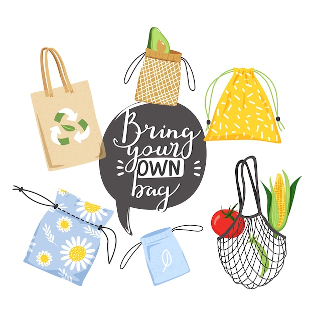 Set of various eco bags and lettering phrase