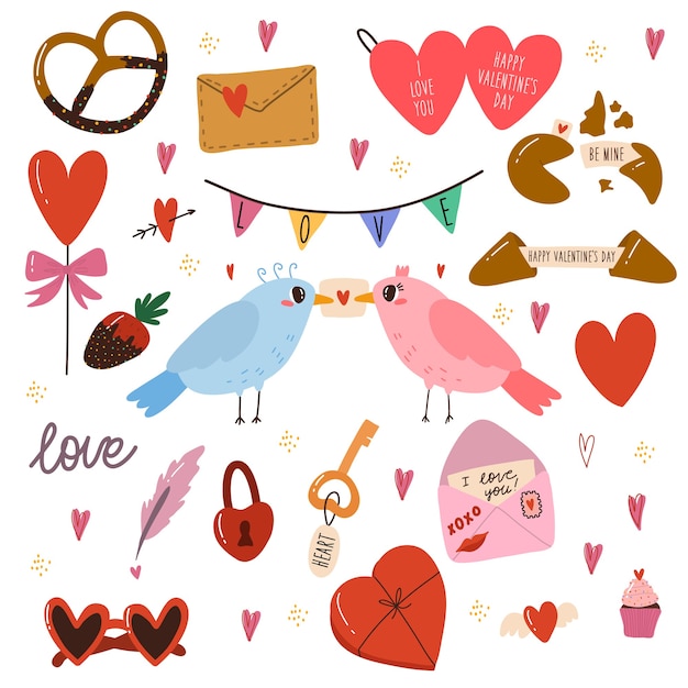 Set of various elements for valentine's day. birds, sweets, cookies, cake, love heart letter.