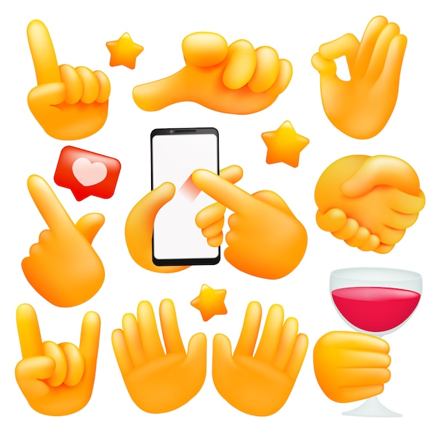 Set of various emoji yellow hand icons with wineglass, smartphone different gestures. 3d cartoon style