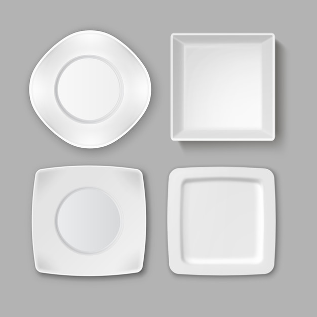 Vector set of various empty square white plates and bowl isolated on gray background, top view